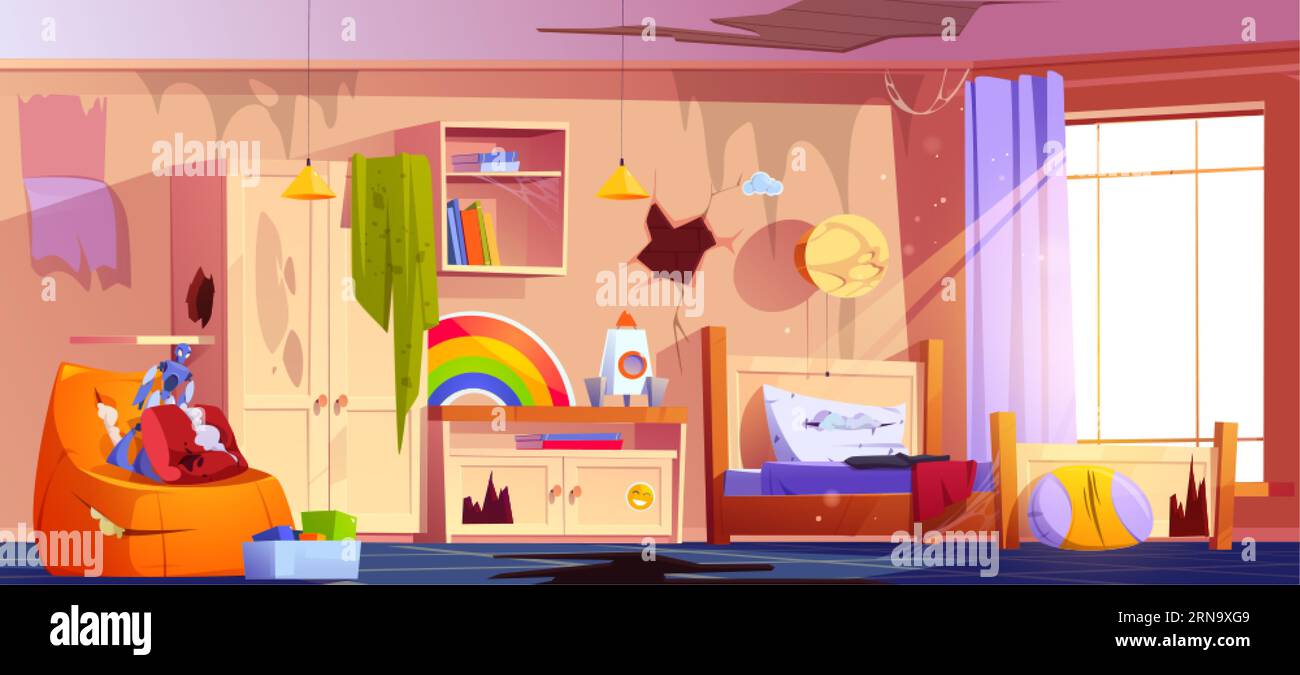 Dirty and messy kid bedroom cartoon vector illustration. Untidy child interior in house with broken furniture, hole in floor and crack wall. Abandoned Stock Vector