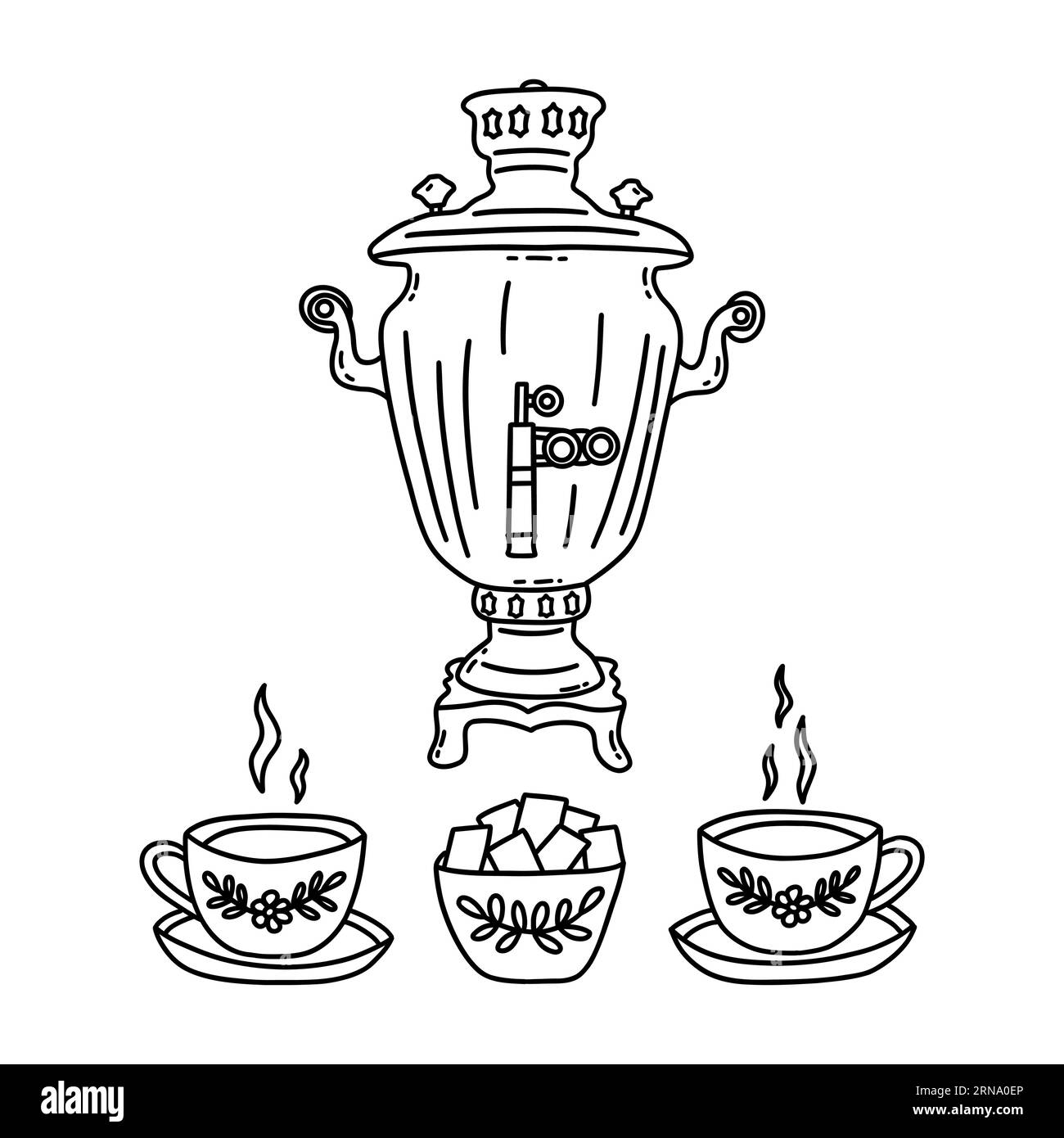 Samovar and two cups of tea with saucers, sugar bowl nearby, vintage crockery. Ancient traditional Russian culture of tea drinking. Black and white ve Stock Vector
