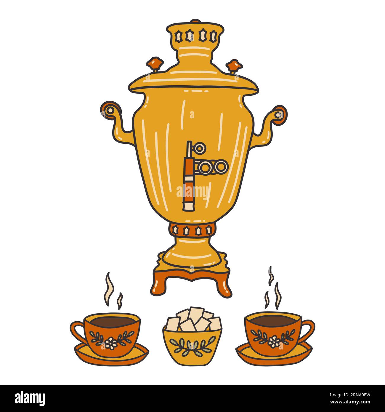 Gold samovar and two cups of tea with saucers, sugar bowl nearby, vintage crockery. Ancient traditional Russian culture of tea drinking. Colorful vect Stock Vector