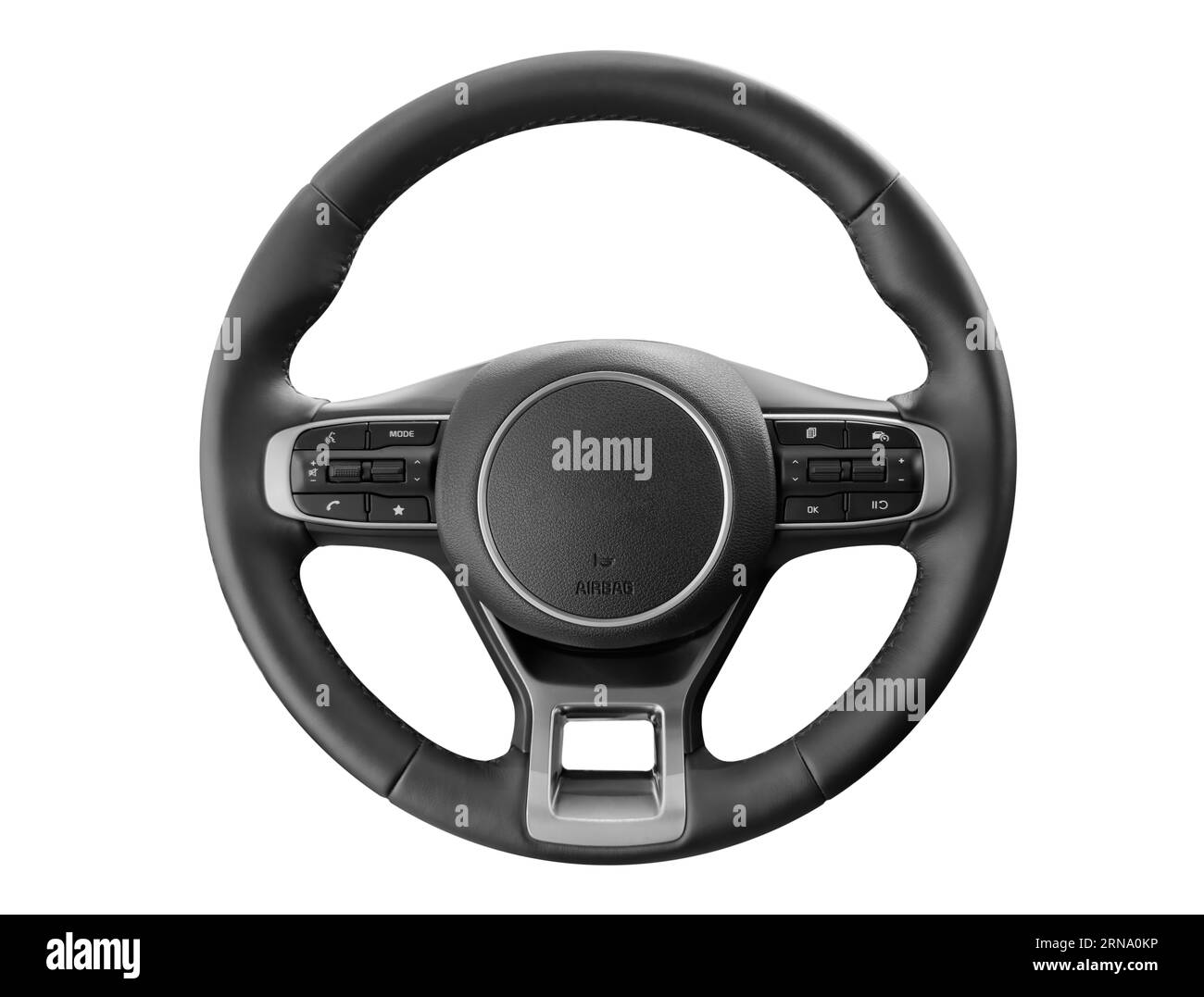 Modern car interior. Steering wheel with media phone control buttons