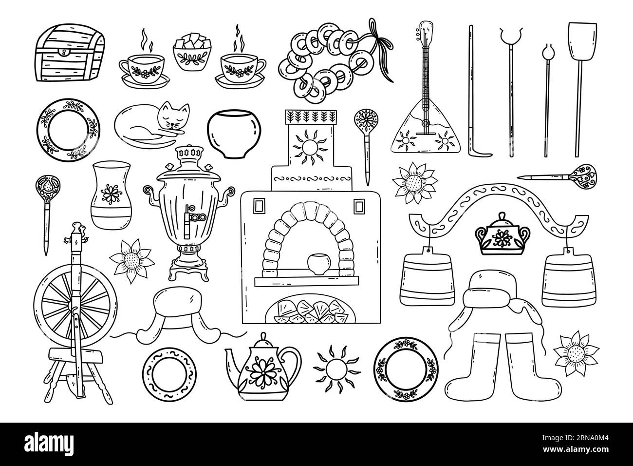 Set of Russian village elements. Ancient Russian culture. Stove and samovar, yoke and spinning wheel, tea set and earthenware. Black and white vector Stock Vector