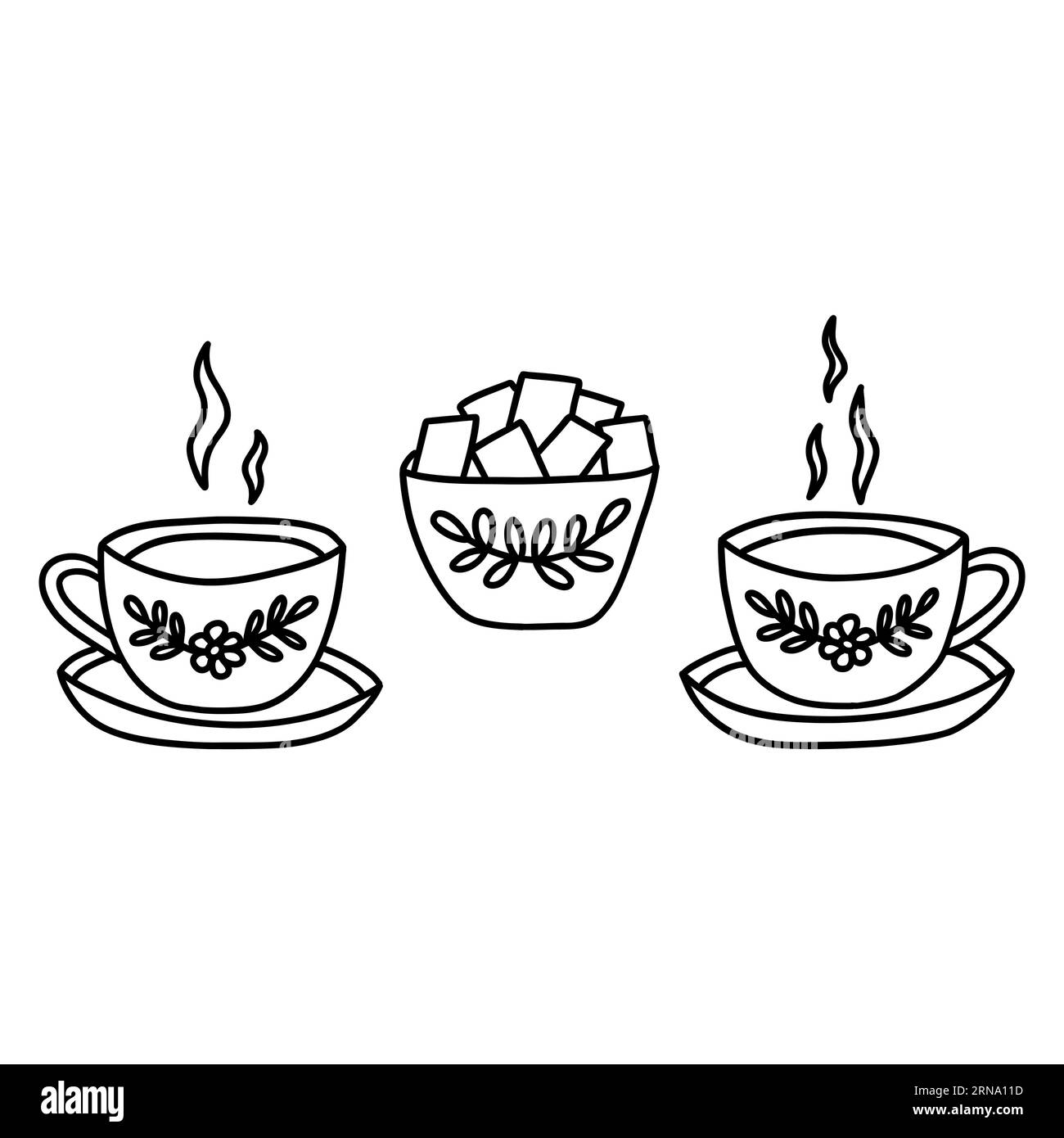 Two cups of tea with saucers and sugar bowl nearby, vintage crockery. Black and white vector isolated illustration hand drawn doodle. Secular tea drin Stock Vector