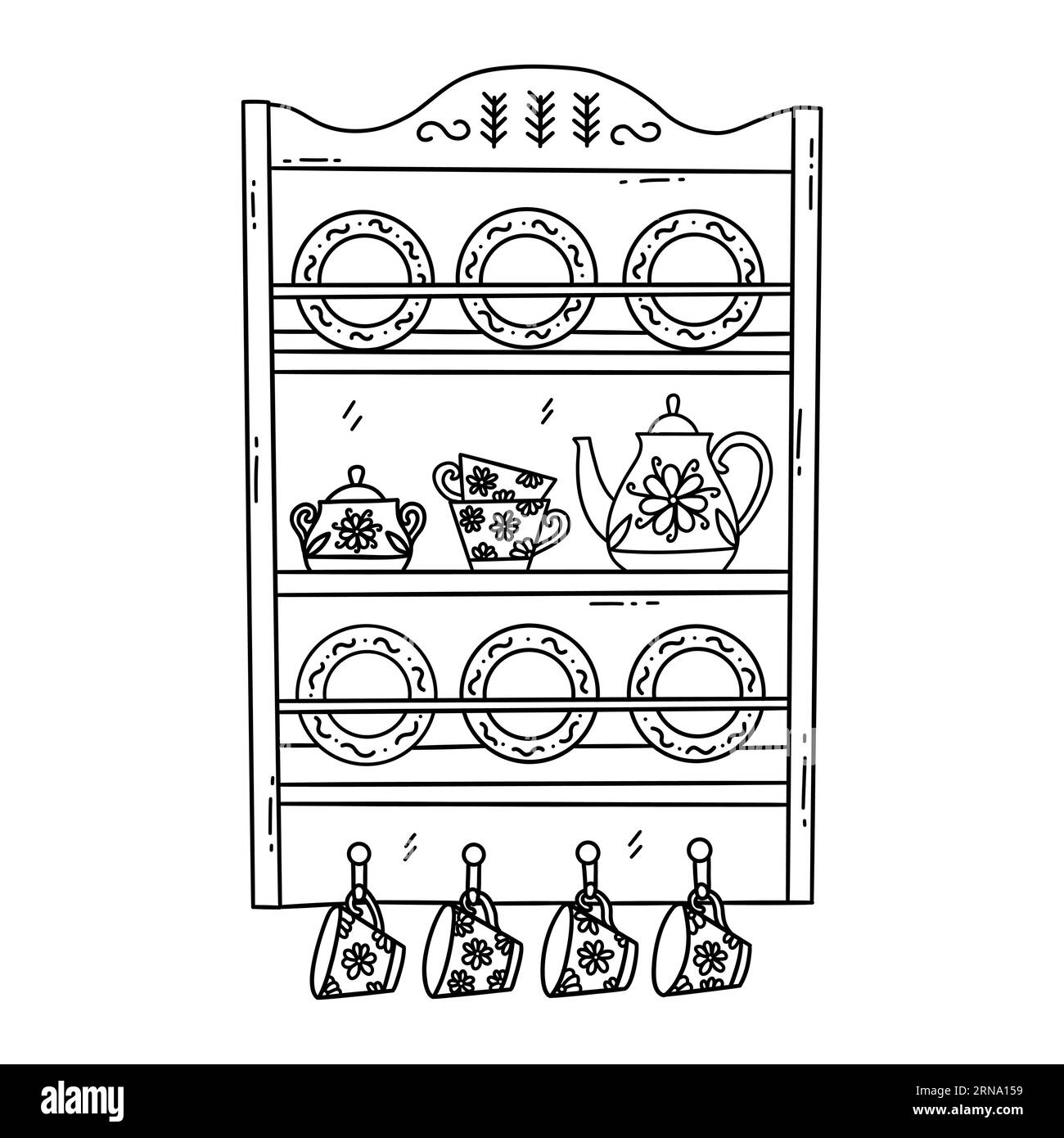 Wooden three-tier shelf for dishes, open storage, organization in kitchen. Tea set and plates, vintage crockery. Black and white vector isolated illus Stock Vector