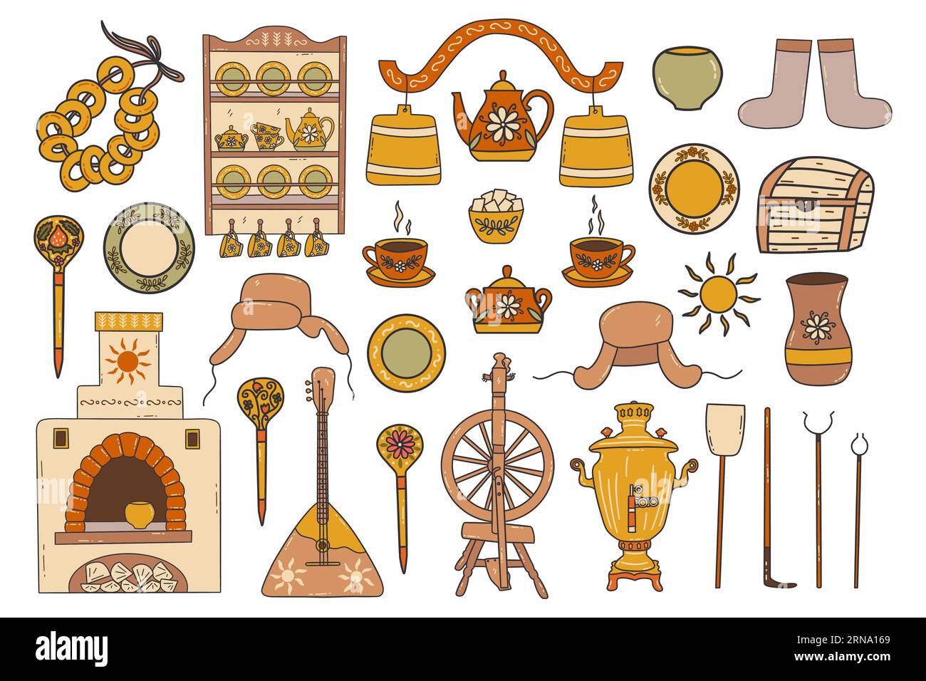Set of Russian village elements. Ancient Russian culture. Stove and samovar, yoke and spinning wheel, tea set and earthenware. Colorful vector isolate Stock Vector