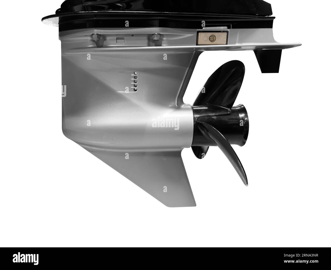 Outboard engine gearbox isolated on white background. Motor boat launch