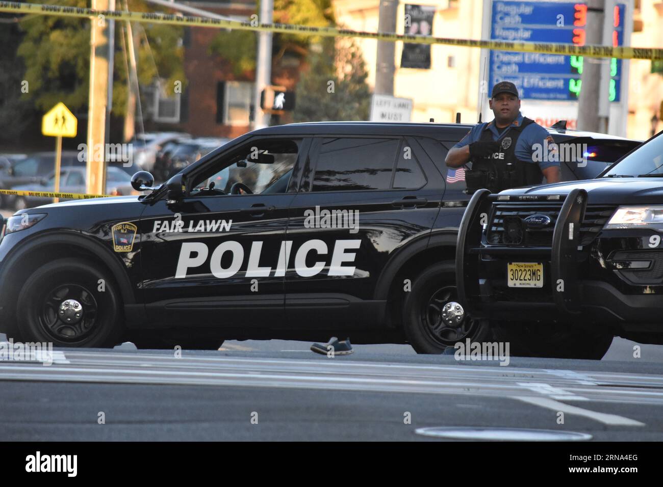 Fair Lawn, United States. 31st Aug, 2023. Police vehicles block the