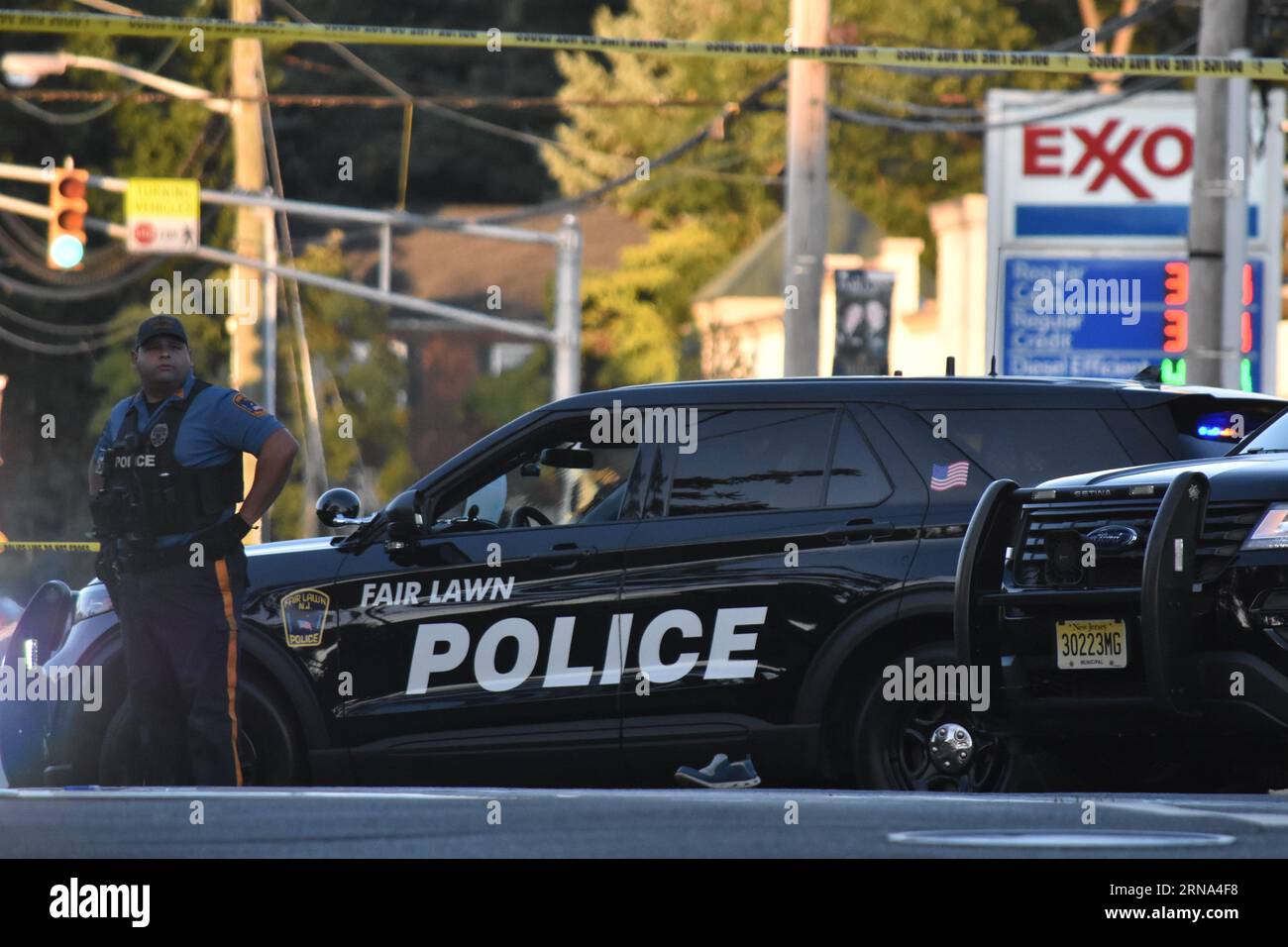 Fair Lawn, United States. 31st Aug, 2023. Police vehicles block the