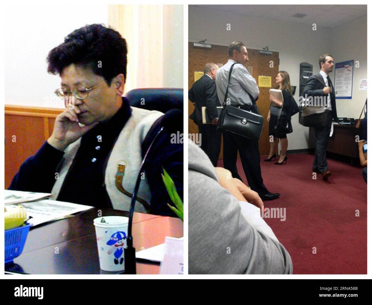 (160107) -- BEIJING, June 9, 2015 -- Combination photo taken shows a file photo of Yang Xiuzhu in Wenzhou of east China s Zhejiang Province in 2002 (L) and Yang Xiuzhu s lawyer Vlad Kuzmin (3rd R) waits prior to Yang s hearing at an immigration court in New York, the United States, June 9, 2015 (R). The first hearing in the trial of China s most wanted economic fugitive Yang Xiuzhu took place in a New York immigration court on June 9. Yang, who went into hiding after being sought after by anti-corruption investigators in China, has been detained in the United States. Yang is one of the 100 Chi Stock Photo