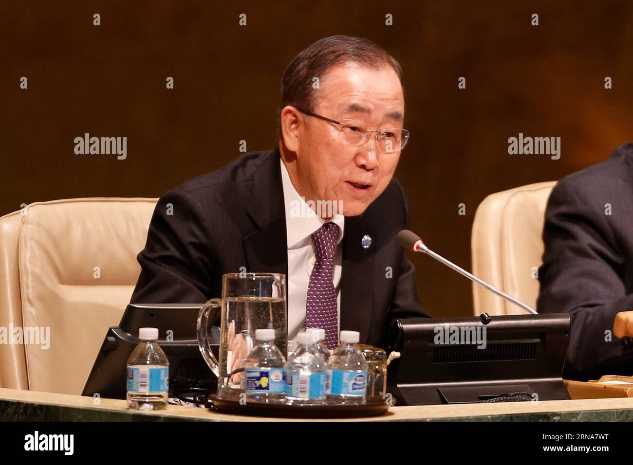 (160111) -- UNITED NATIONS, Jan. 11, 2016 -- The United Nations Secretary-General Ban Ki-moon speaks during a meeting to commemorate the 70th anniversary of the first General Assembly meeting, which was held in 1946 in London, at the United Nations headquarters in New York, Jan. 11, 2016. 70 years ago, on Jan. 10, 51 nations came together at Westminster Central Hall in London for the meeting after the UN Charter, the foundational treaty of the organization, was signed in San Francisco in 1945. ) UN-GENERAL ASSEMBLY-70TH ANNIVERSARY LixMuzi PUBLICATIONxNOTxINxCHN   160111 United Nations Jan 11 Stock Photo