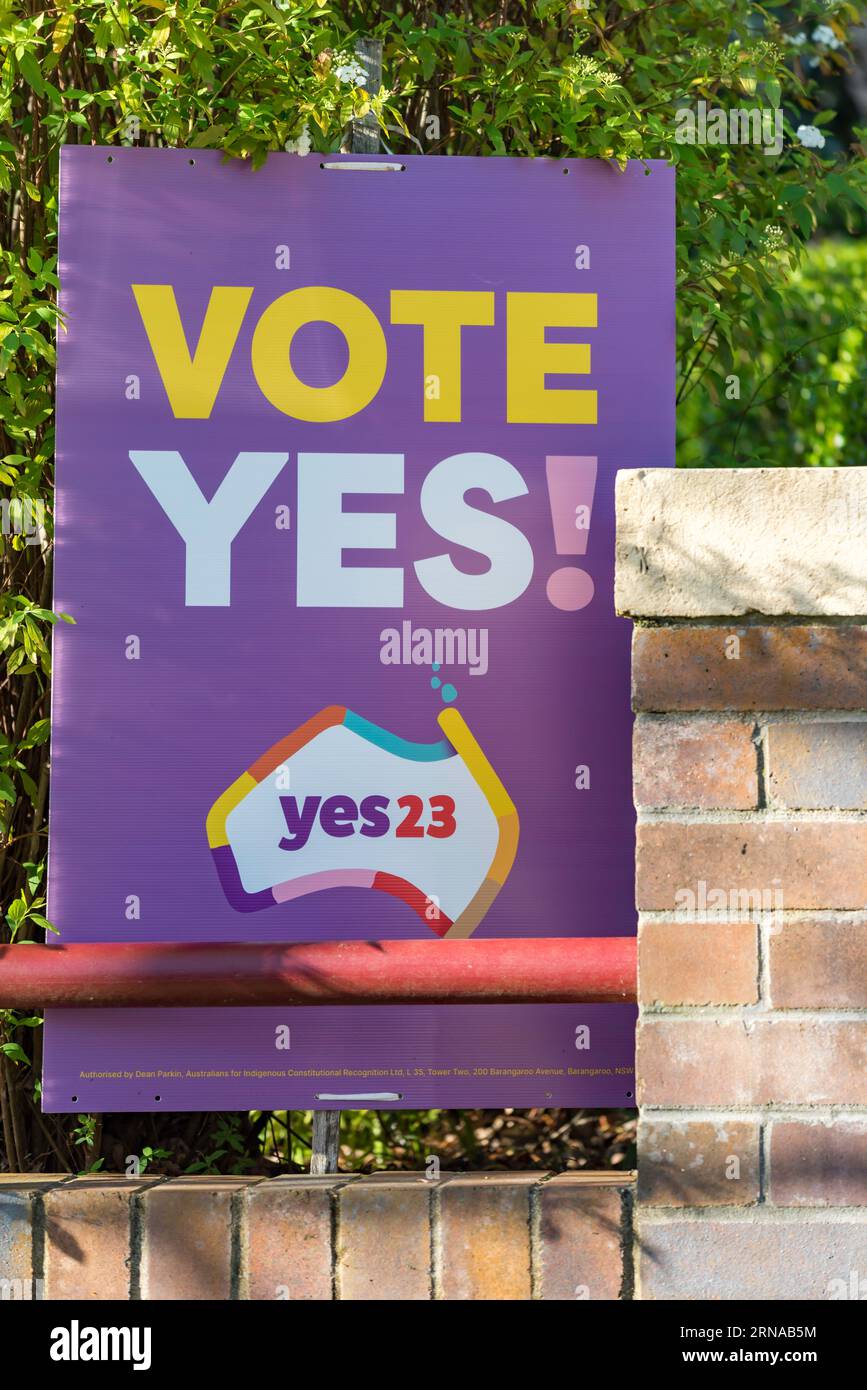 Sydney Aust 01 Sept 2023: With the announcement of the October 14, 2023 date for the Referendum by Prime Minister Albanese this week, the Yes and No campaigns have stepped up a gear. Mainstream and social media are delivering commentary and information and signs like this one, in favour of the Referendum question are appearing in people's front gardens. On October 14 people will decide if Australia should alter its Constitution to recognise the First Peoples of Australia by establishing an Aboriginal and Torres Strait Islander Voice. Credit: Stephen Dwyer / Alamy Live News Stock Photo