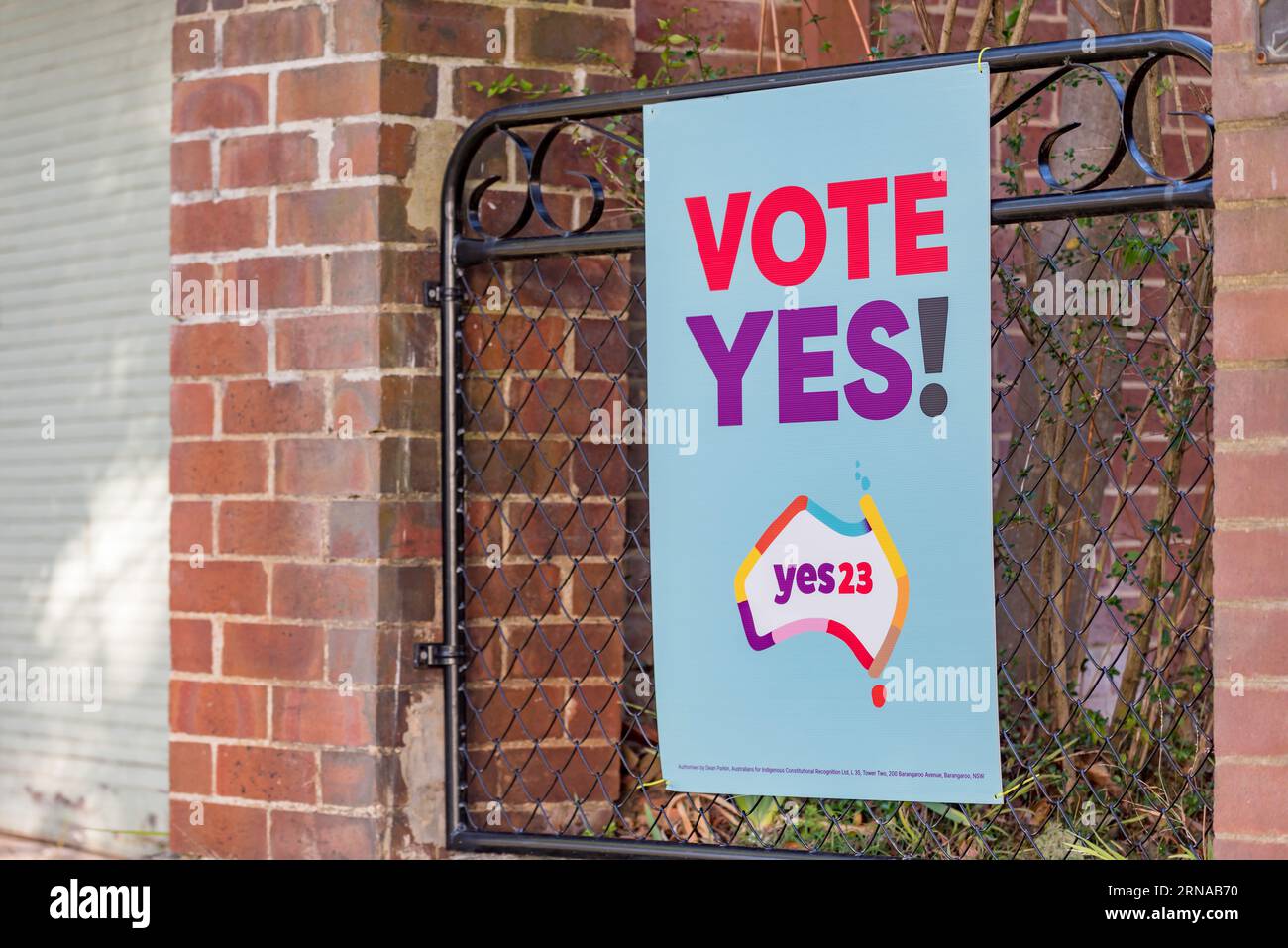 Sydney Aust 01 Sept 2023: With the announcement of the October 14, 2023 date for the Referendum by Prime Minister Albanese this week, the Yes and No campaigns have stepped up a gear. Mainstream and social media are delivering commentary and information and signs like this one, in favour of the Referendum question are appearing in people's front gardens. On October 14 people will decide if Australia should alter its Constitution to recognise the First Peoples of Australia by establishing an Aboriginal and Torres Strait Islander Voice. Credit: Stephen Dwyer / Alamy Live News Stock Photo