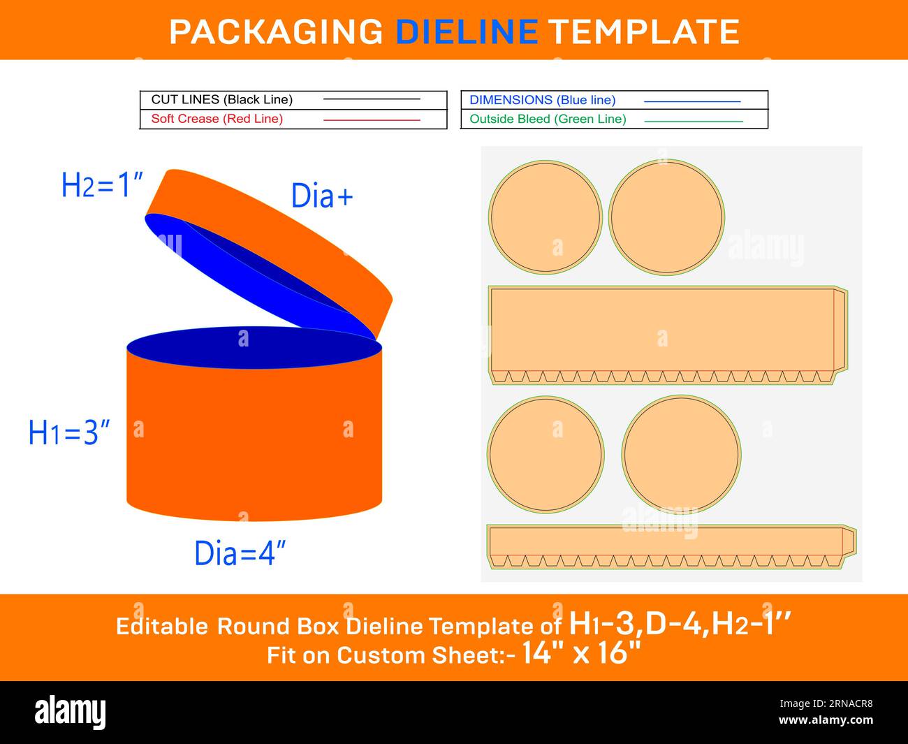 Cheap hat box, round lid box die line template with the dimension H1 3, D 4, H2 1 inch Stock