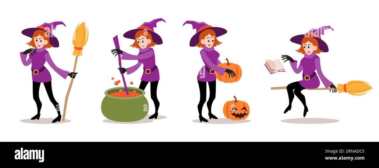 Set of Witches . Halloween cartoon characters . White isolate