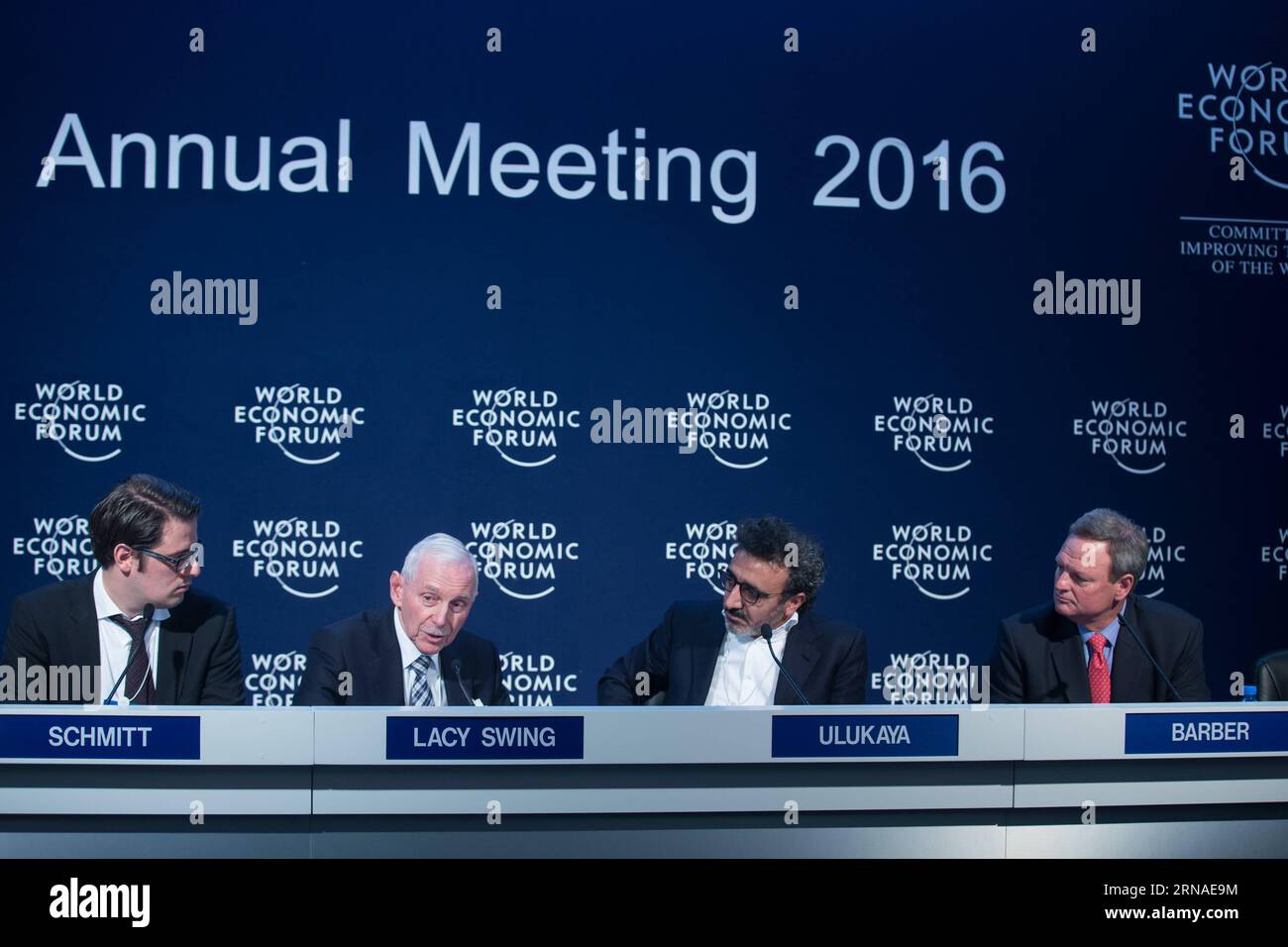 (160122) -- DAVOS, Jan. 22, 2016 -- William Lacy Swing (2nd L), director general of the International Organization for Migration (IOM), Hamdi Ulukaya (2nd R), founder of American yogurt producer Chobani, and Jim Barber (1st R), president of UPS International, hold a joint press conference in Davos, Switzerland, Jan. 22, 2016. Yoghurt empire founder Hamdi Ulukaya announced in Davos that his Tent Foundation will partner with Airbnb, LinkedIn, MasterCard, UPS and IKEA Foundation to address the global refugee crisis. ) SWITZERLAND-DAVOS-REFUGEE CRISIS XuxJinquan PUBLICATIONxNOTxINxCHN   160122 Dav Stock Photo