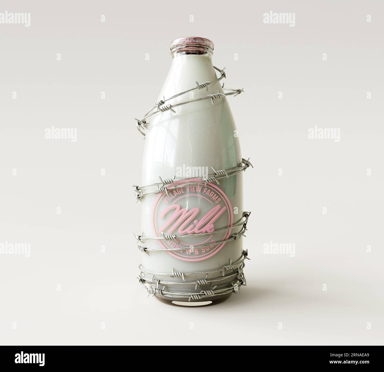 A concept showing an old milk bottle wrapped in barbed wire on a white studio background - 3D render Stock Photo