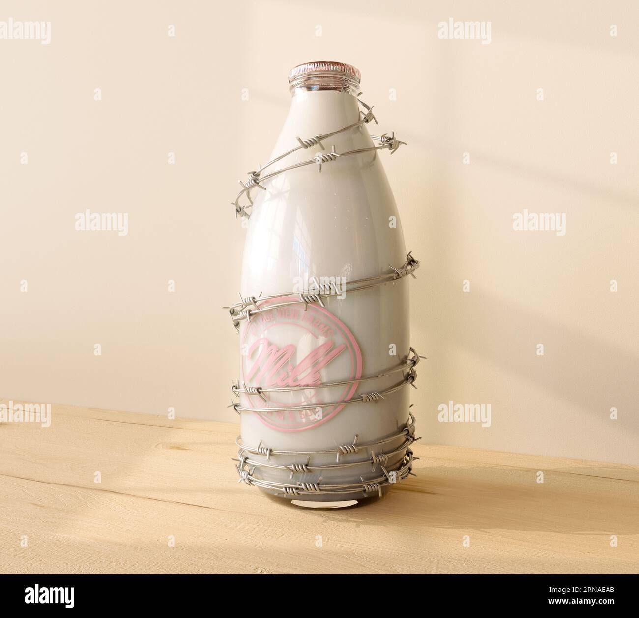 A concept showing an old milk bottle wrapped in barbed wire sitting on a wooden shelf in morning sunlight  - 3D render Stock Photo