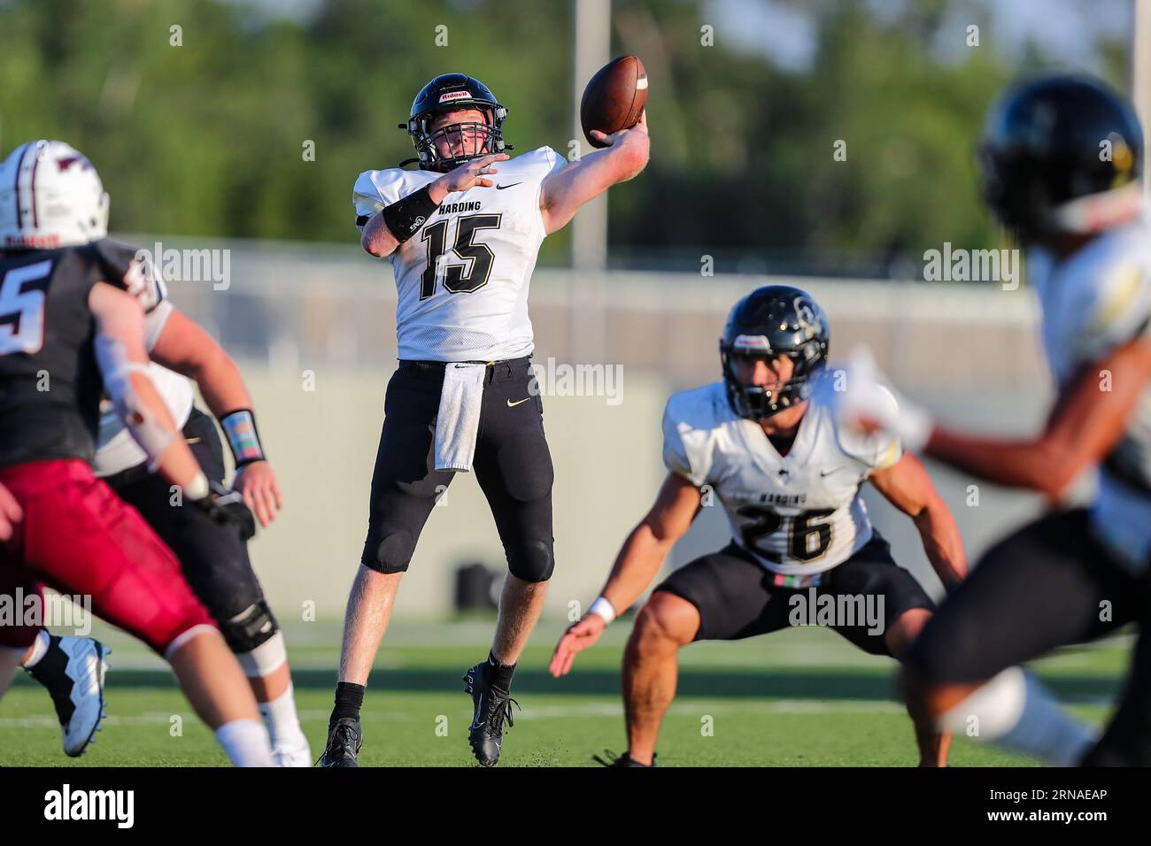 August 31, 2023:.Harding University Bison QB Cole Keylon (15) attempts.a pass during the NCAA Football game between the Harding University Bison and the Southern Nazarene University Crimson Storm at SNU Stadium in Bethany, OK. Ron Lane/CSM Stock Photo