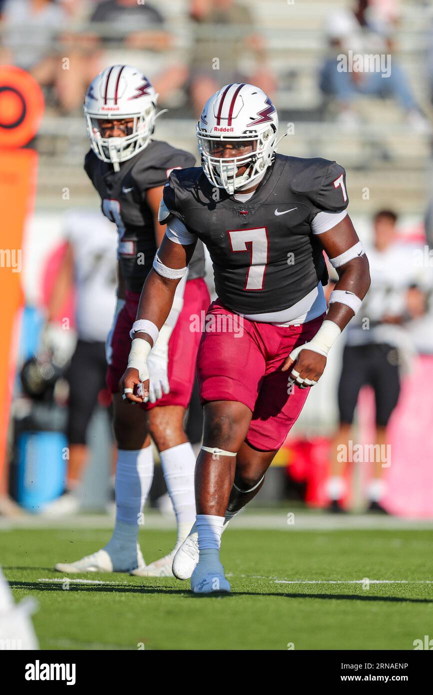 August 31, 2023:.Southern Nazarine University Crimson Storm Linebacker Emmanuel Obinna (7) moves pre snap during the NCAA Football game between the Harding University Bison and the Southern Nazarene University Crimson Storm at SNU Stadium in Bethany, OK. Ron Lane/CSM Stock Photo