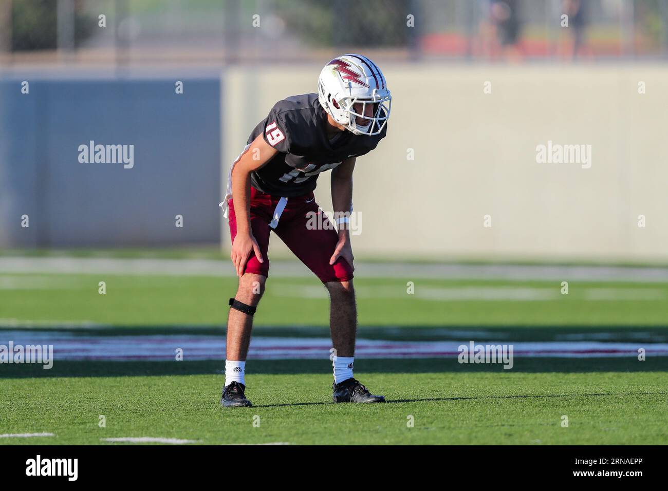 August 31, 2023:.Southern Nazarine University Crimson Storm Defensive Back Hiram Flores (19) ready for a play during the NCAA Football game between the Harding University Bison and the Southern Nazarene University Crimson Storm at SNU Stadium in Bethany, OK. Ron Lane/CSM Stock Photo