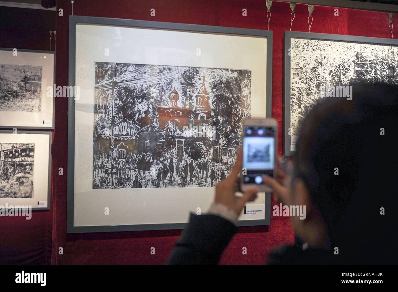 (160126) -- HARBIN, Jan. 26, 2016 -- A visitor takes photos at an exhibition of ice engraving painting in Harbin, capital of northeast China s Heilongjiang Province, Jan. 26, 2016. The pictures on display were printed from engraved ice slabs, according to artist Zhu Xiaodong. He said each ice slab was able to print out some 20 pages yielding variant results as the ice melted down. ) (twy) CHINA-HARBIN-ICE-ENGRAVING PAINTING (CN) WangxSong PUBLICATIONxNOTxINxCHN   160126 Harbin Jan 26 2016 a Visitor Takes Photos AT to Exhibition of ICE Engraving Painting in Harbin Capital of Northeast China S H Stock Photo