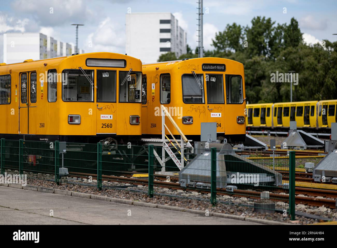 Berlin, Germany. 30th Aug, 2023. 2 old subway trains are standing on the grounds of the Friedrichsfelde depot of the Berliner Verkehrsbetriebe (BVG). Credit: Fabian Sommer/dpa/Alamy Live News Stock Photo