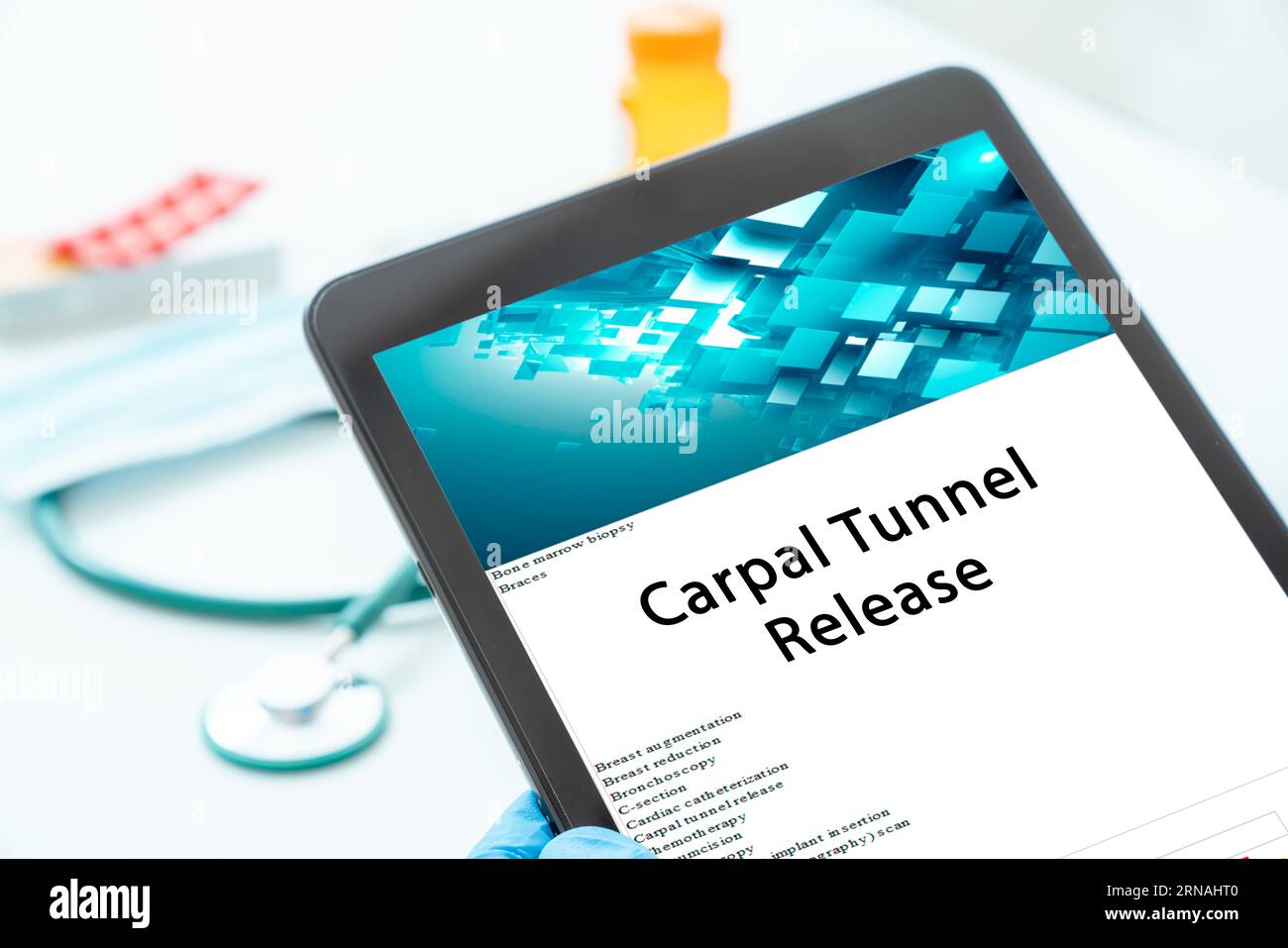 Carpal Tunnel Release medical procedures A surgical procedure that involves cutting the ligament that is pressing on the median nerve in the wrist to Stock Photo