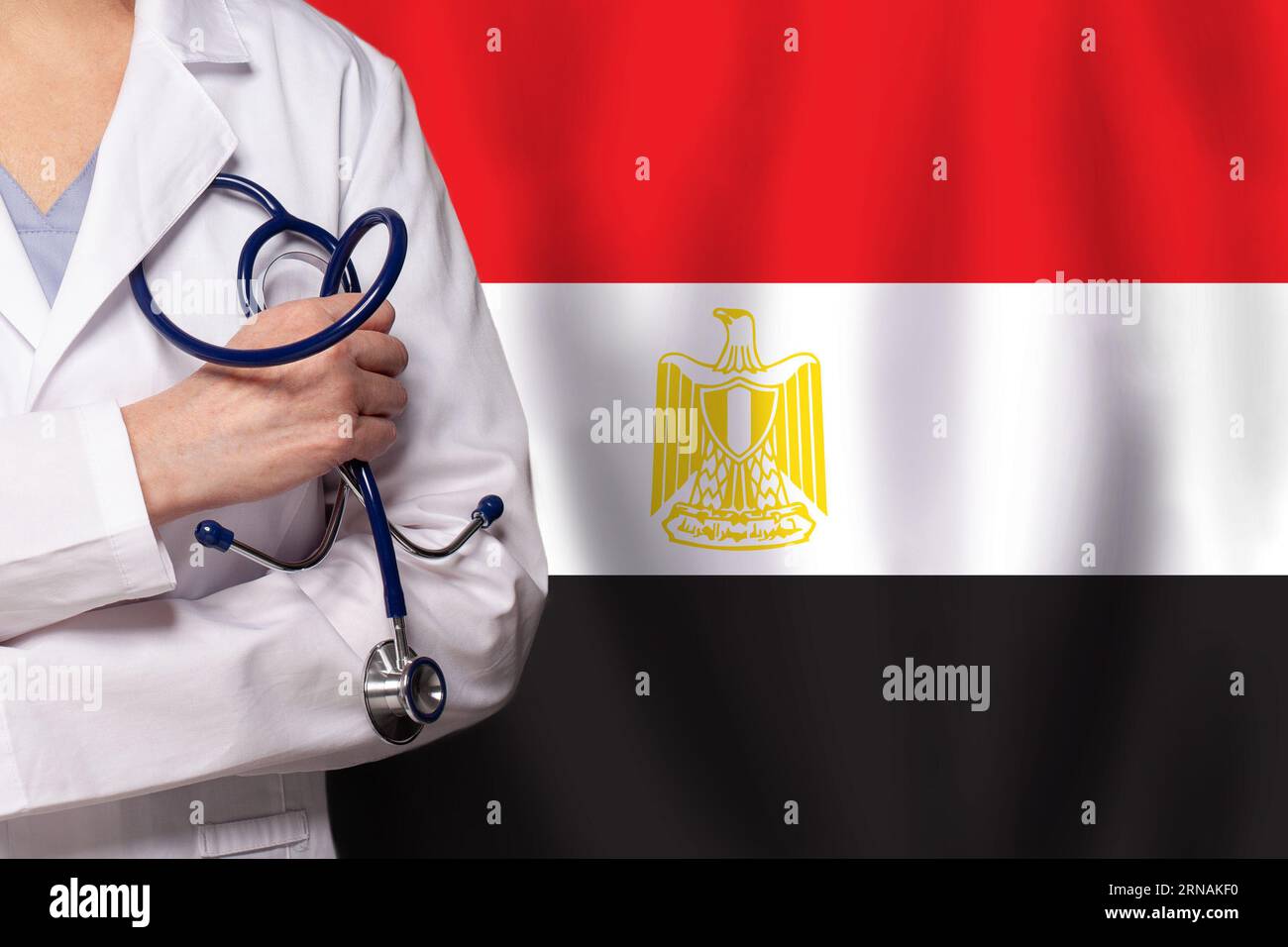 Egyptain medicine and healthcare concept. Doctor close up against flag ...