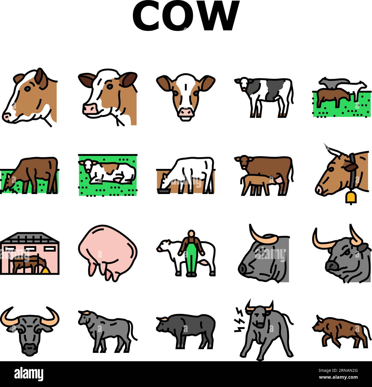 cow farm dairy cattle milk white icons set vector Stock Vector Image ...