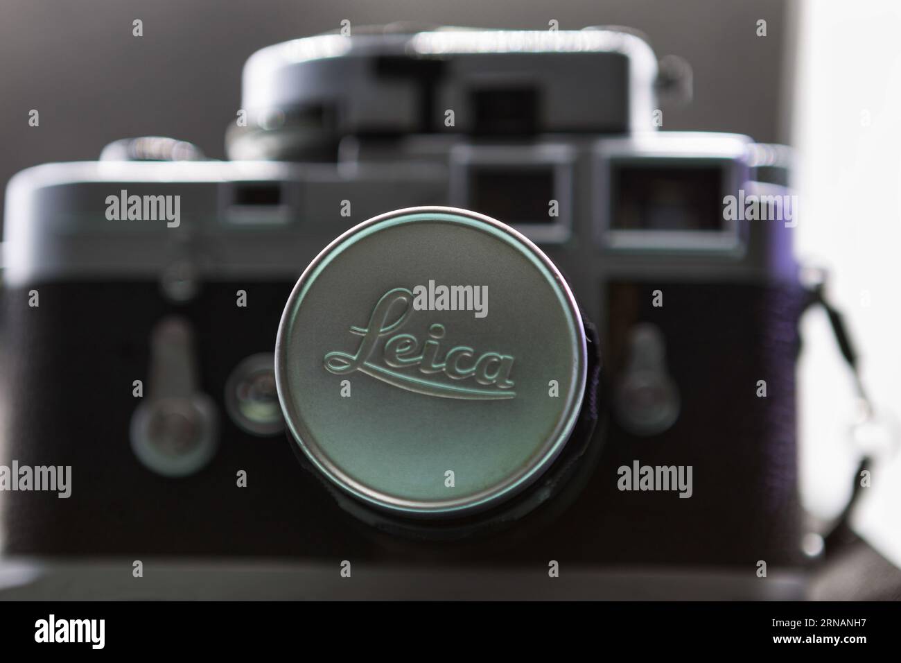 Pov view detailed of vintage camera brand model Leica M2 with light-meter - selective focus,Rome,Italy - May 19, 2020 Stock Photo