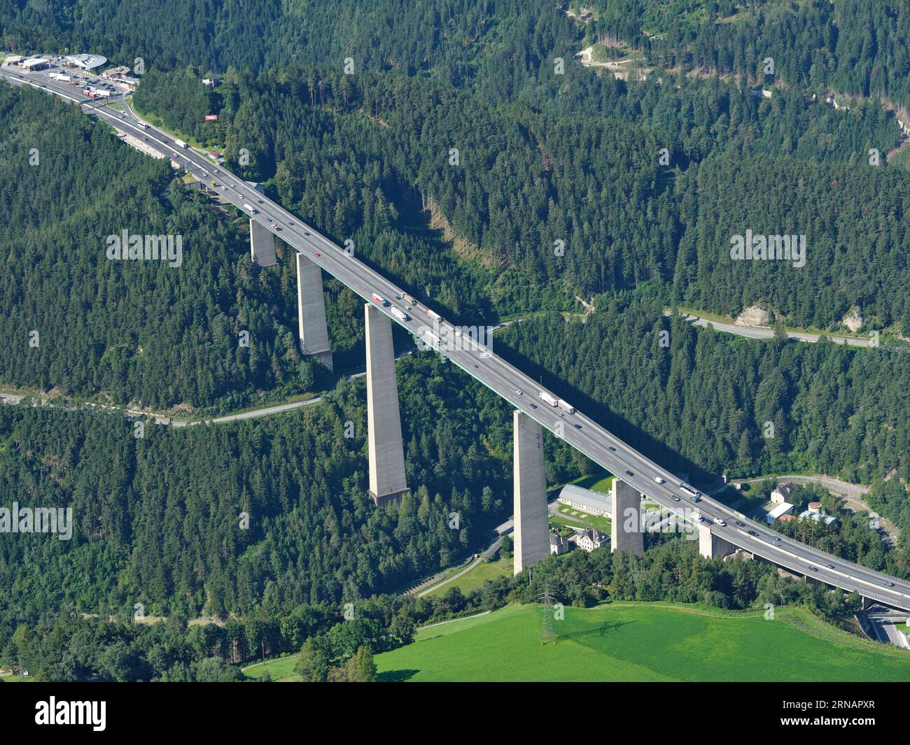 AERIAL VIEW. The A13 Brenner Autobahn on the Europabrücke (Bridge of Europe). Schönberg im Stubaital, Tyrol, Austria. Stock Photo