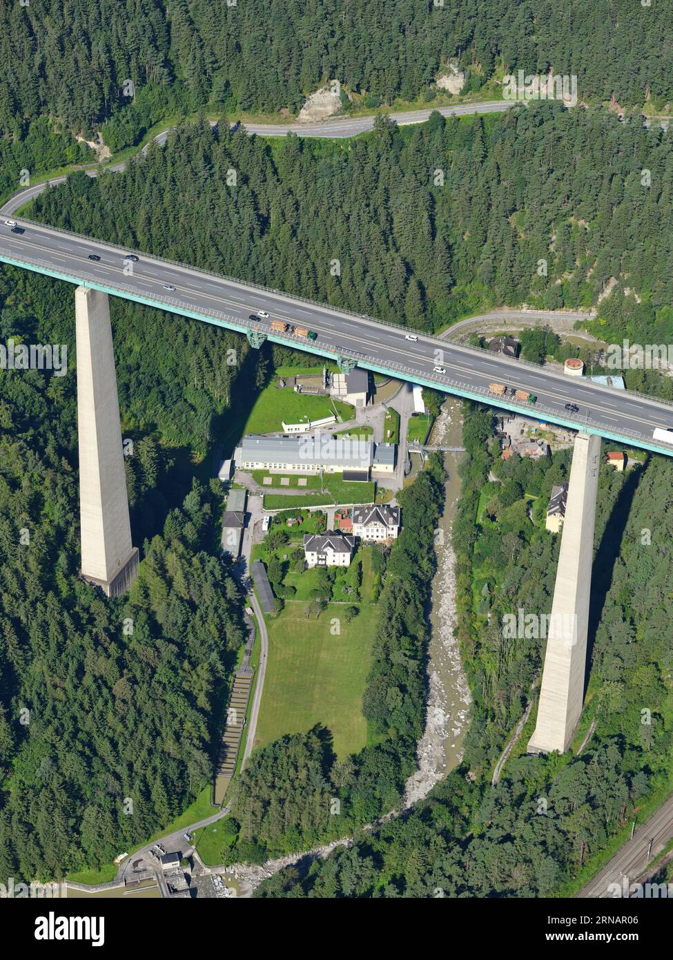 AERIAL VIEW. The A13 Brenner Autobahn on the Europabrücke (Bridge of Europe), 190 meters above the Sill River. Schönberg im Stubaital, Tyrol, Austria. Stock Photo