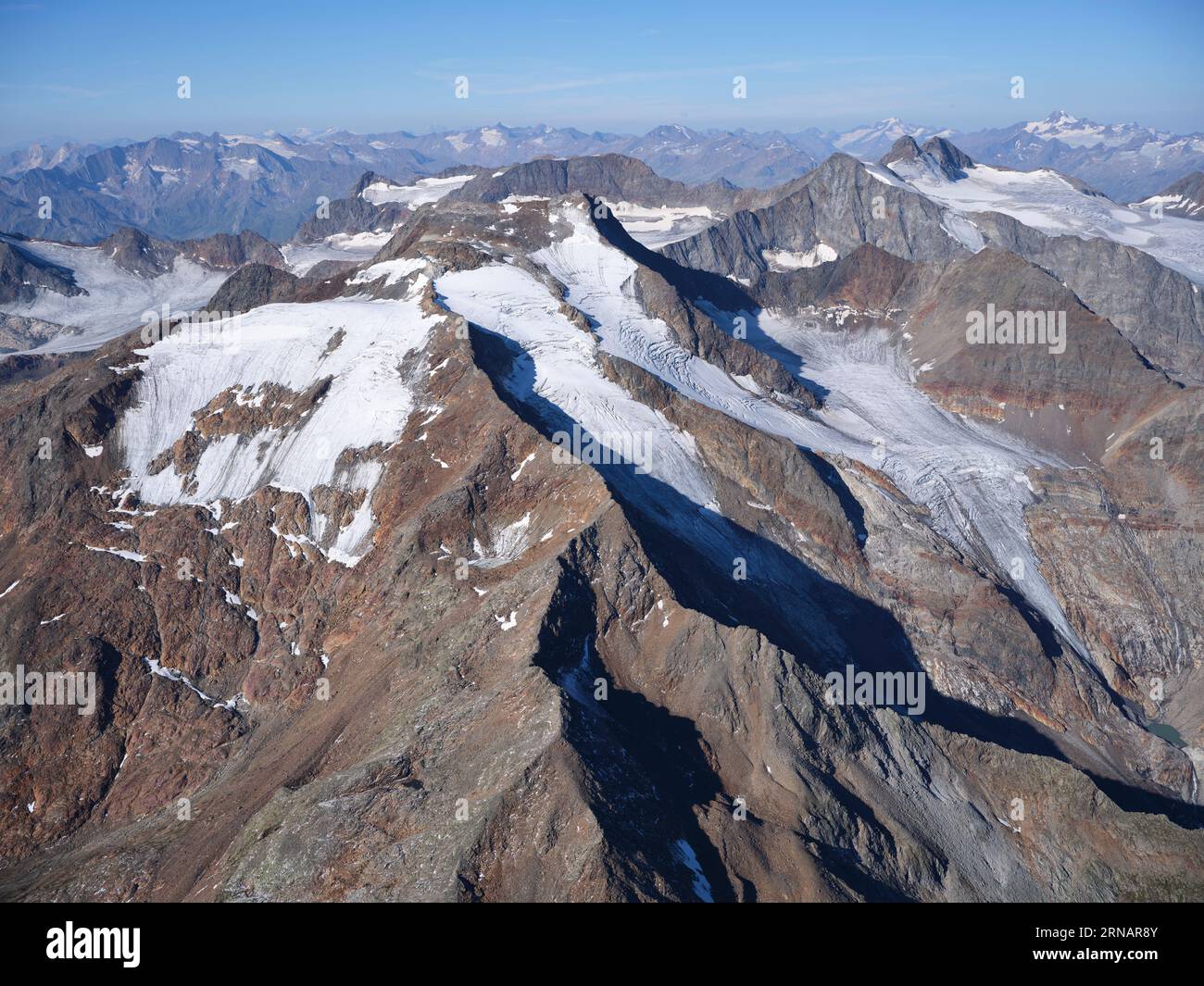 AERIAL VIEW. Northern side of the Wilder Freiger (elevation: 3418m). Neustift im Stubaital, Tyrol, Austria. Stock Photo