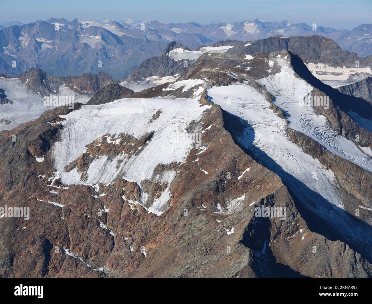 AERIAL VIEW. Northern side of the Wilder Freiger (elevation: 3418m). Neustift im Stubaital, Tyrol, Austria. Stock Photo