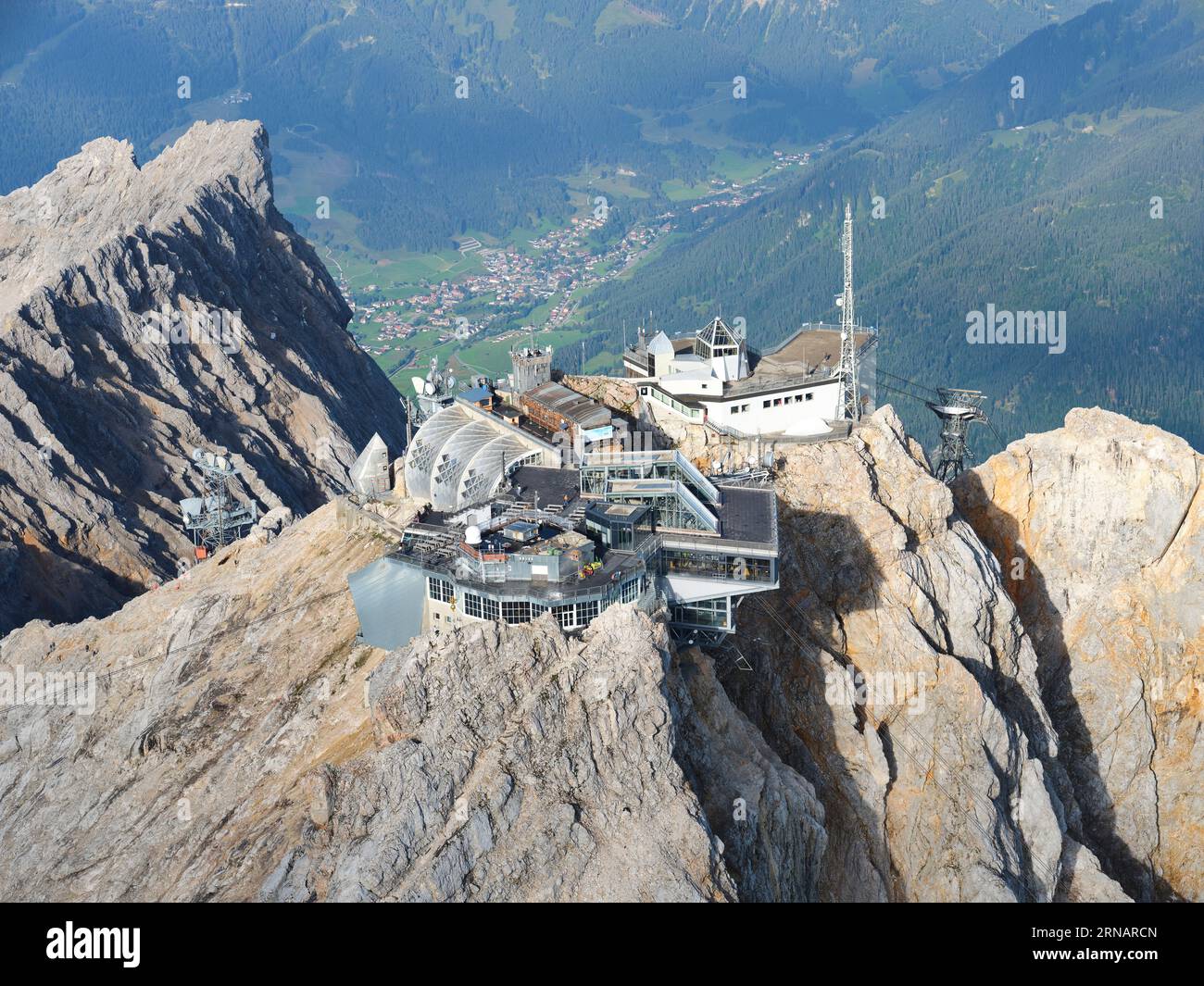 AERIAL VIEW. Summit of the Zugspitze, at 2962 meters above sea level, it is Germany's highest mountain. Garmisch-Partenkirchen, Bavaria, Germany. Stock Photo