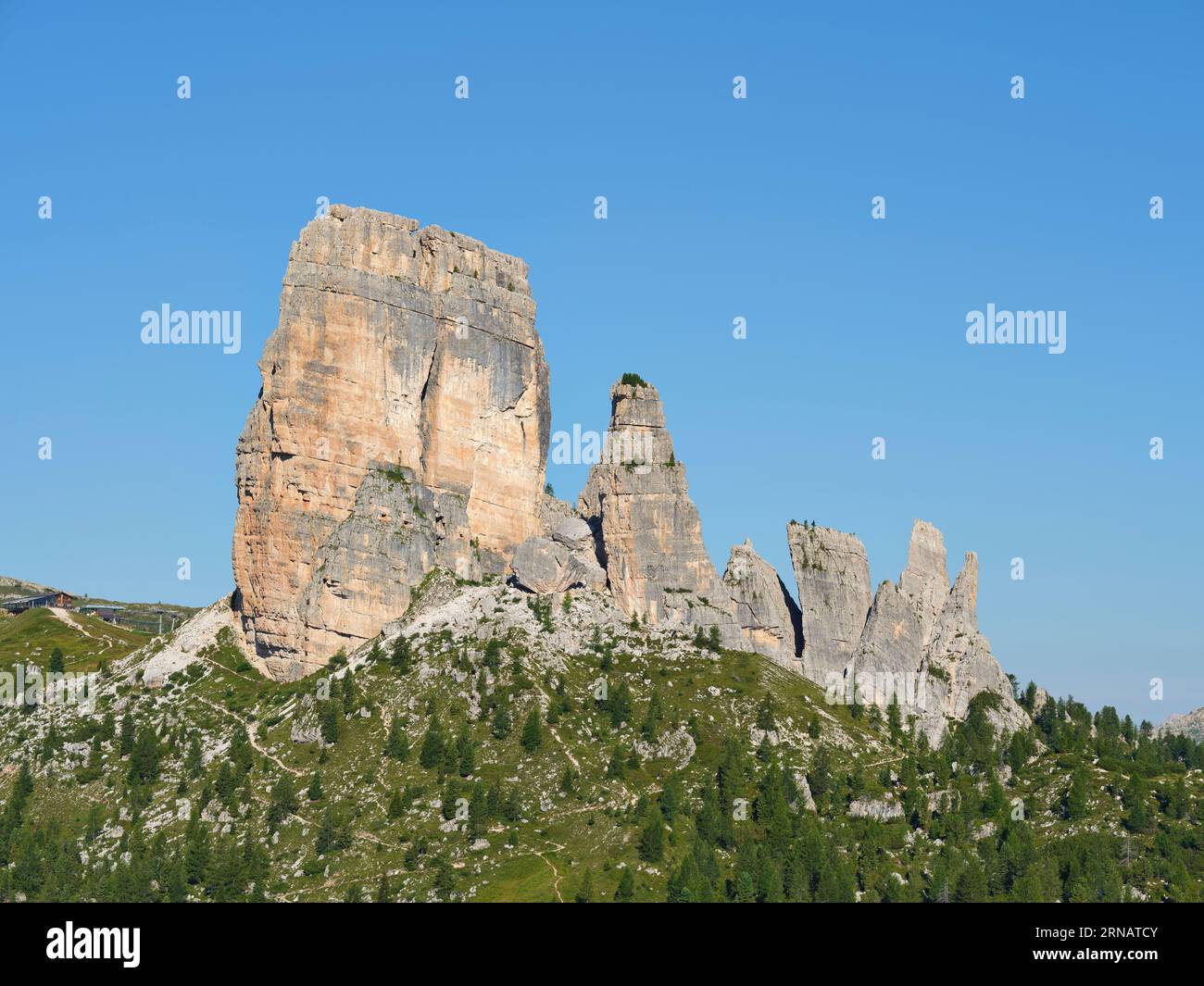 AERIAL VIEW. The Cinque Torri (2361m). Cortina d'Ampezzo, Province of Belluno, Veneto, Italy. Stock Photo