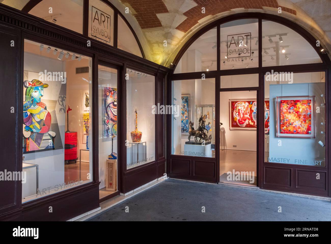 View into Art Symbol Gallery at the Place des Vosges in the Marais in Paris Stock Photo