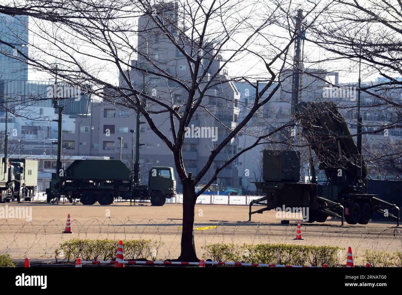 Japanese Self-Defense Force (SDF) Patriot Advanced Capability-3 (PAC-3) interceptor launchers are deployed in Tokyo, Japan, on Feb. 7, 2016. The Japanese SDF did not take any destroy action to a rocket launched by the Democratic People s Republic of Korea (DPRK) earlier Sunday heading for the direction of Japan s southernmost prefecture of Okinawa. The Japanese government ordered its SDF to interrupt incoming rockets launched by the DPRK if they threaten safety of Japan. Anti-missile rockets were deployed in Okinawa. ) JAPAN-TOKYO-DPRK ROCEKT LAUNCH-PRECAUTION MaxPing PUBLICATIONxNOTxINxCHN Stock Photo