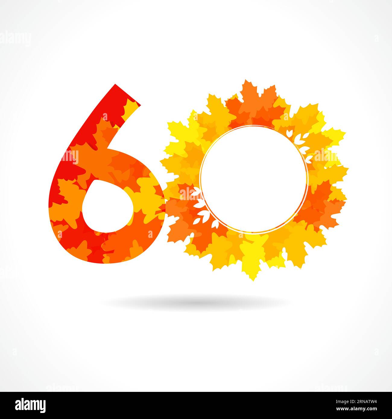 Creative number 60. Autumn sale sign concept. 60 years old logo. 60th anniversary icon with fall leaves. Seasonal symbol with red, yellow and orange Stock Vector