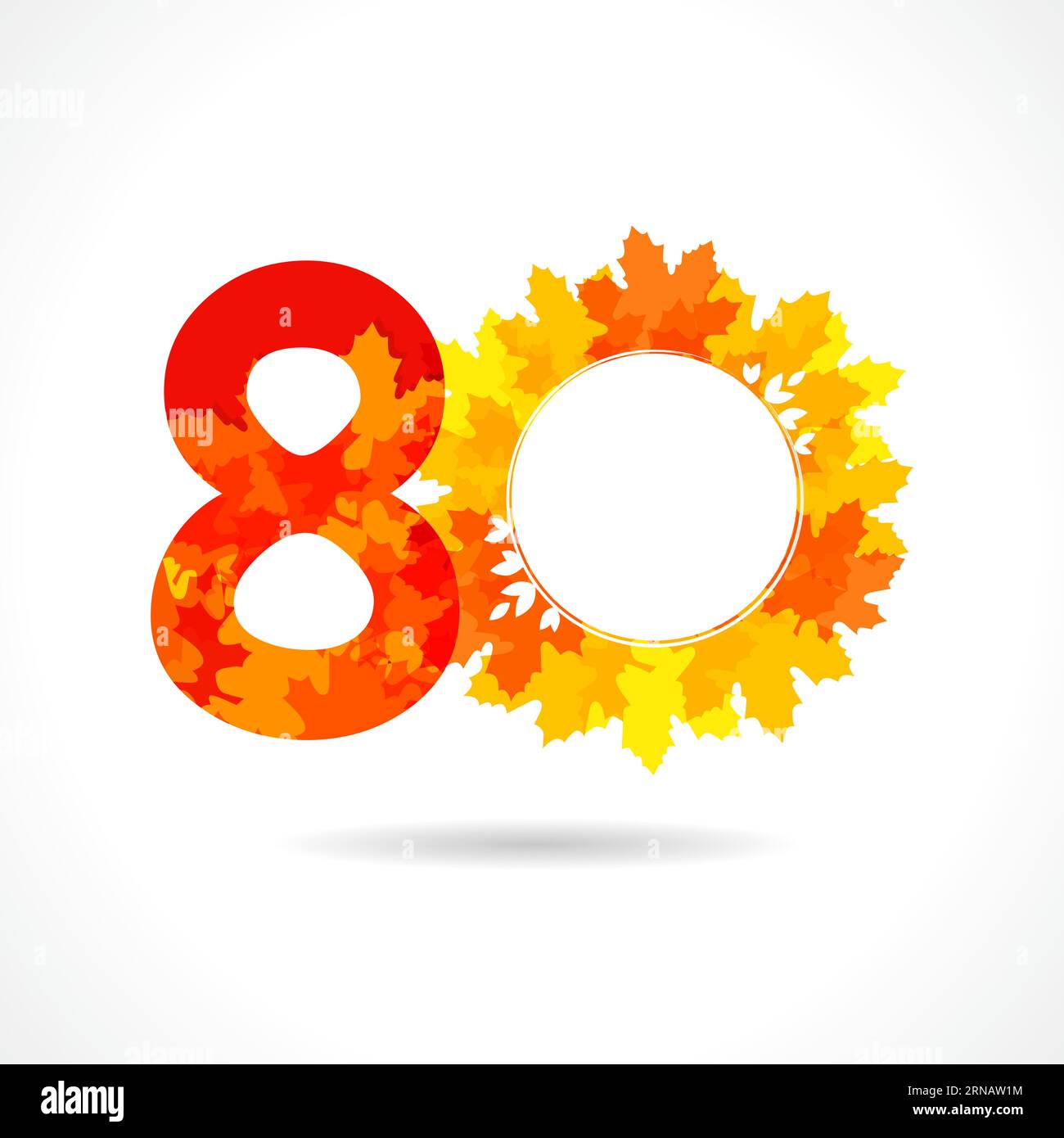 Creative number 80. Autumn sale sign concept. 80 years old logo. 80th anniversary icon with fall leaves. Seasonal symbol with red, yellow and orange Stock Vector