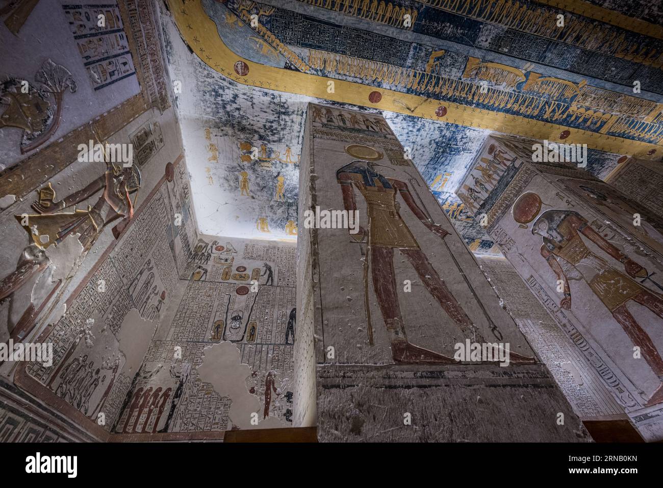 Colourful carvings and paintings in the tomb of Rameses V and VI in the Valley of the Kings, Luxor, Egypt Stock Photo