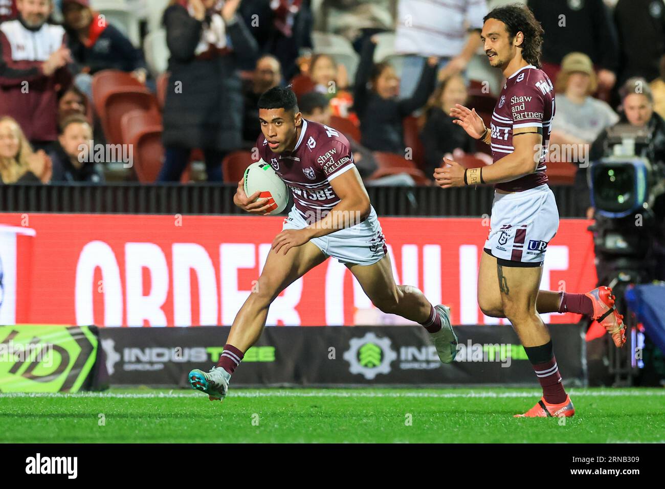 Sydney, Australia. 01st Sep, 2023. Tolutau Koula of the Sea Eagles on his  way to scoring a try during the NRL Round 27 match between the Manly  Warringah Sea Eagles and the