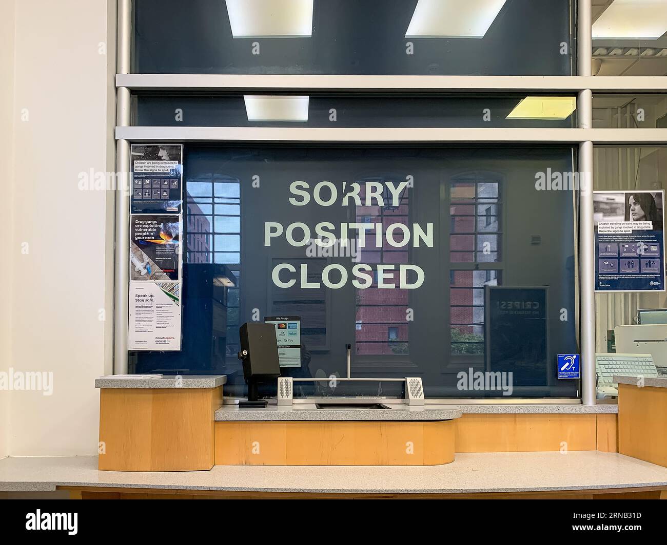 Slough, Berkshire, UK. 1st September, 2023. A closed ticket office at Slough Railway Station. It was a quiet morning at Slough Railway Station in Berkshire. Further rail strikes are taking place across rail networks in England today in an ongoing bitter dispute over pay and the proposed railway station ticket office closures. Elizabeth Line trains were, however, running to and from Abbey Wood in London today, however, many GWR trains were cancelled or delayed due to the Industrial Action. RMT Union members will also be on strike tomorrow. Credit: Maureen McLean/Alamy Live News Stock Photo