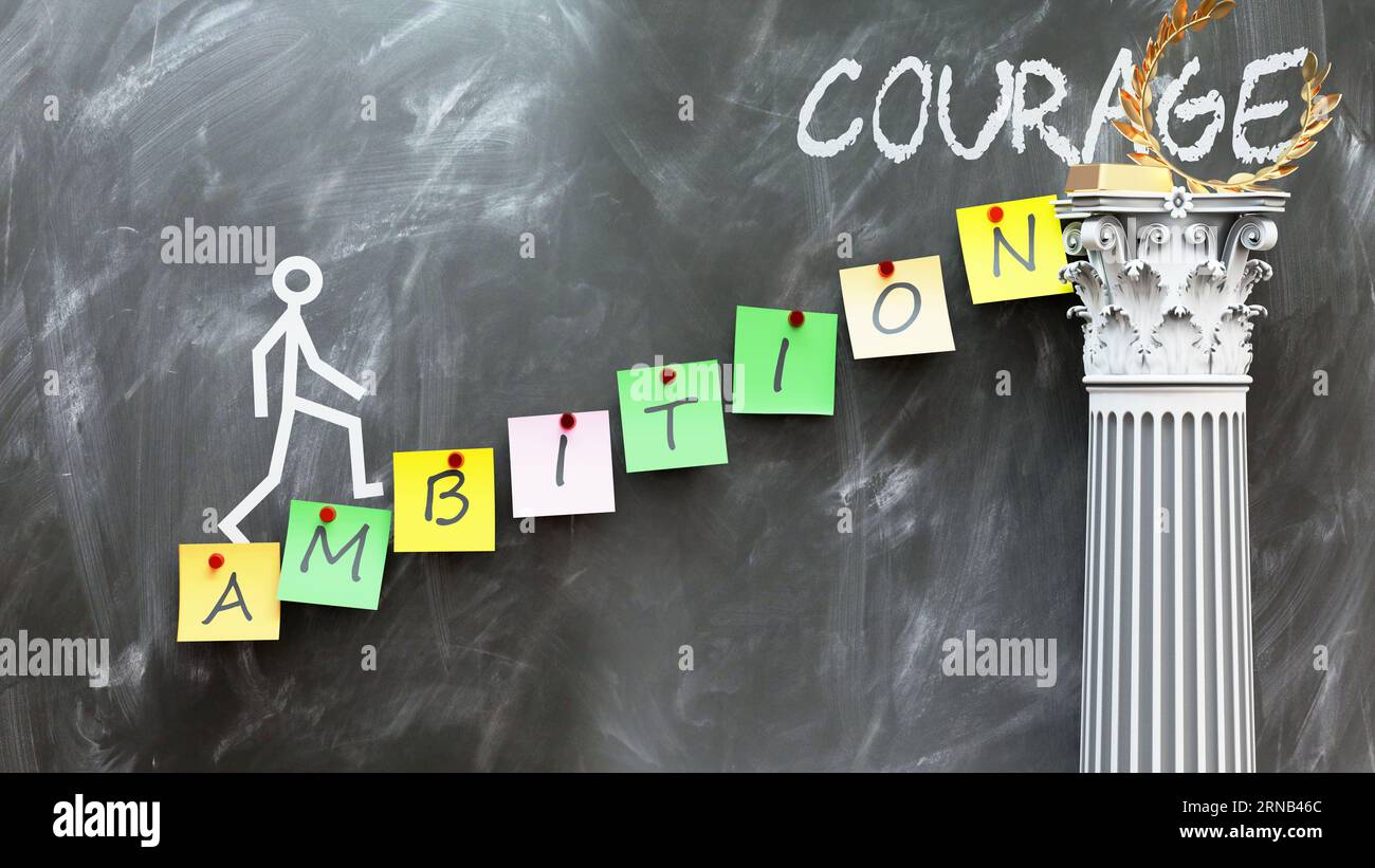 Ambition leads to Courage - a metaphor showing how ambition makes the way to reach desired courage. Symbolizes the importance of ambition and cause an Stock Photo