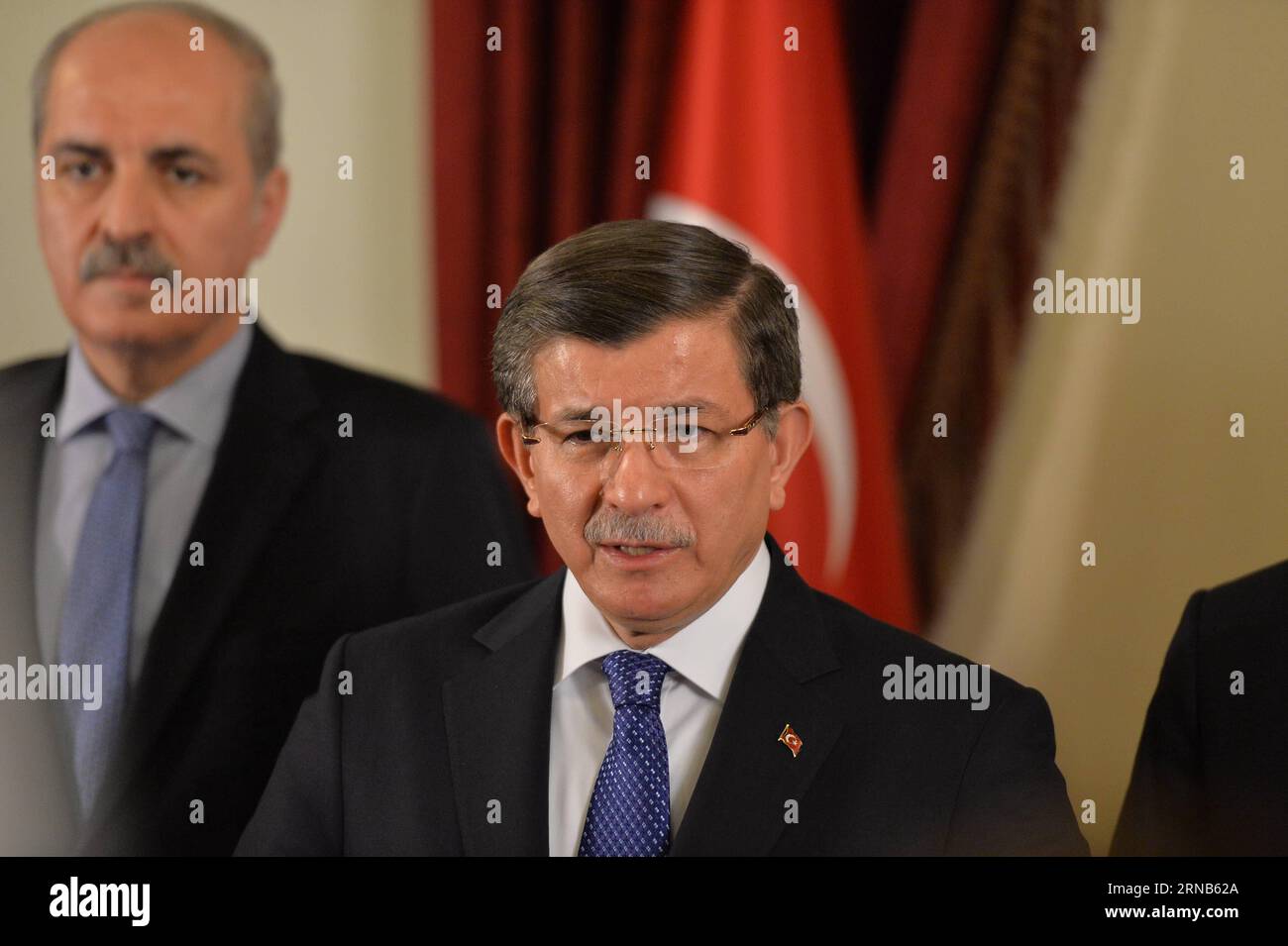 Turkish Prime Minister Ahmet Davutoglu speaks at a press conference after his meeting with Ankara Governor Mehmet Kliclar and other high-ranking officials in Ankara, capital of Turkey, Feb. 20, 2016. Turkish government will adopt new security measures designed particularly for different provinces, including a new concept for capital Ankara, Prime Minister Ahmet Davutoglu said on Saturday. ) TURKEY-ANKARA-PM-PRESS CONFERENCE-SECURITY MEASURES MustafaxKaya PUBLICATIONxNOTxINxCHN   Turkish Prime Ministers Ahmet Davutoglu Speaks AT a Press Conference After His Meeting With Ankara Governor Mehmet Stock Photo