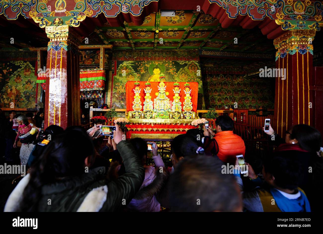 (160222) -- LHASA, Feb. 22, 2016 -- People visit an exhibition of butter sculptures made by Buddhists at Jokhang Temple in Lhasa, capital of southwest China s Tibet Autonomous Region, Feb. 22, 2016. ) (dhf) CHINA-TIBET-JOKHANG TEMPLE-BUTTER SCULPTURE (CN) JigmexDorje PUBLICATIONxNOTxINxCHN   Lhasa Feb 22 2016 Celebrities Visit to Exhibition of Butter Sculptures Made by Buddhists AT Jokhang Temple in Lhasa Capital of Southwest China S Tibet Autonomous Region Feb 22 2016 DHF China Tibet Jokhang Temple Butter Sculpture CN JigmexDorje PUBLICATIONxNOTxINxCHN Stock Photo