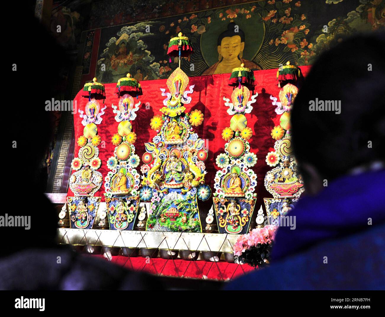 (160222) -- LHASA, Feb. 22, 2016 -- Butter sculptures made by Buddhists are seen at Jokhang Temple in Lhasa, capital of southwest China s Tibet Autonomous Region, Feb. 22, 2016. ) (dhf) CHINA-TIBET-JOKHANG TEMPLE-BUTTER SCULPTURE (CN) JigmexDorje PUBLICATIONxNOTxINxCHN   Lhasa Feb 22 2016 Butter Sculptures Made by Buddhists are Lakes AT Jokhang Temple in Lhasa Capital of Southwest China S Tibet Autonomous Region Feb 22 2016 DHF China Tibet Jokhang Temple Butter Sculpture CN JigmexDorje PUBLICATIONxNOTxINxCHN Stock Photo