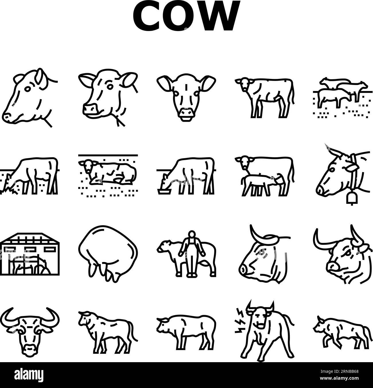 cow farm dairy cattle milk white icons set vector Stock Vector Image