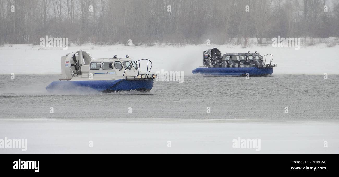 (160227)-- NIZHNY NOVGOROD, Feb. 27, 2016 -- High-speed amphibious ships compete during the Volga Hover Show-2016 in Nizhny Novgorod, Russia, on Feb. 27, 2016. The All-Russian regatta of the high-speed amphibious ships Volga Hover Show-2016 was held in Nizhny Novgorod, in which the leading Russian manufacturers of hovercrafts gathered from all over Russia showed the benefits and advantages of their technology. )(azp) RUSSIA-NIZHNY NOVGOROD-AMPHIBIOUS SHIP-SHOW AndreixKrasnov PUBLICATIONxNOTxINxCHN   Nizhny Novgorod Feb 27 2016 High Speed Amphibious Ships compete during The Volga Hover Show 201 Stock Photo