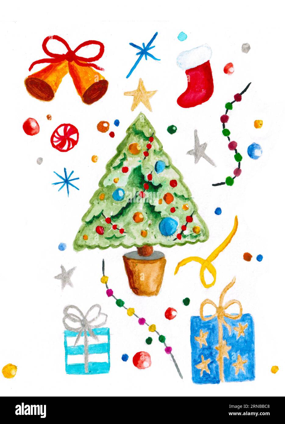 cute hand drawing for new year and christmas, watercolor, christmas tree,  gifts, bells Stock Photo - Alamy