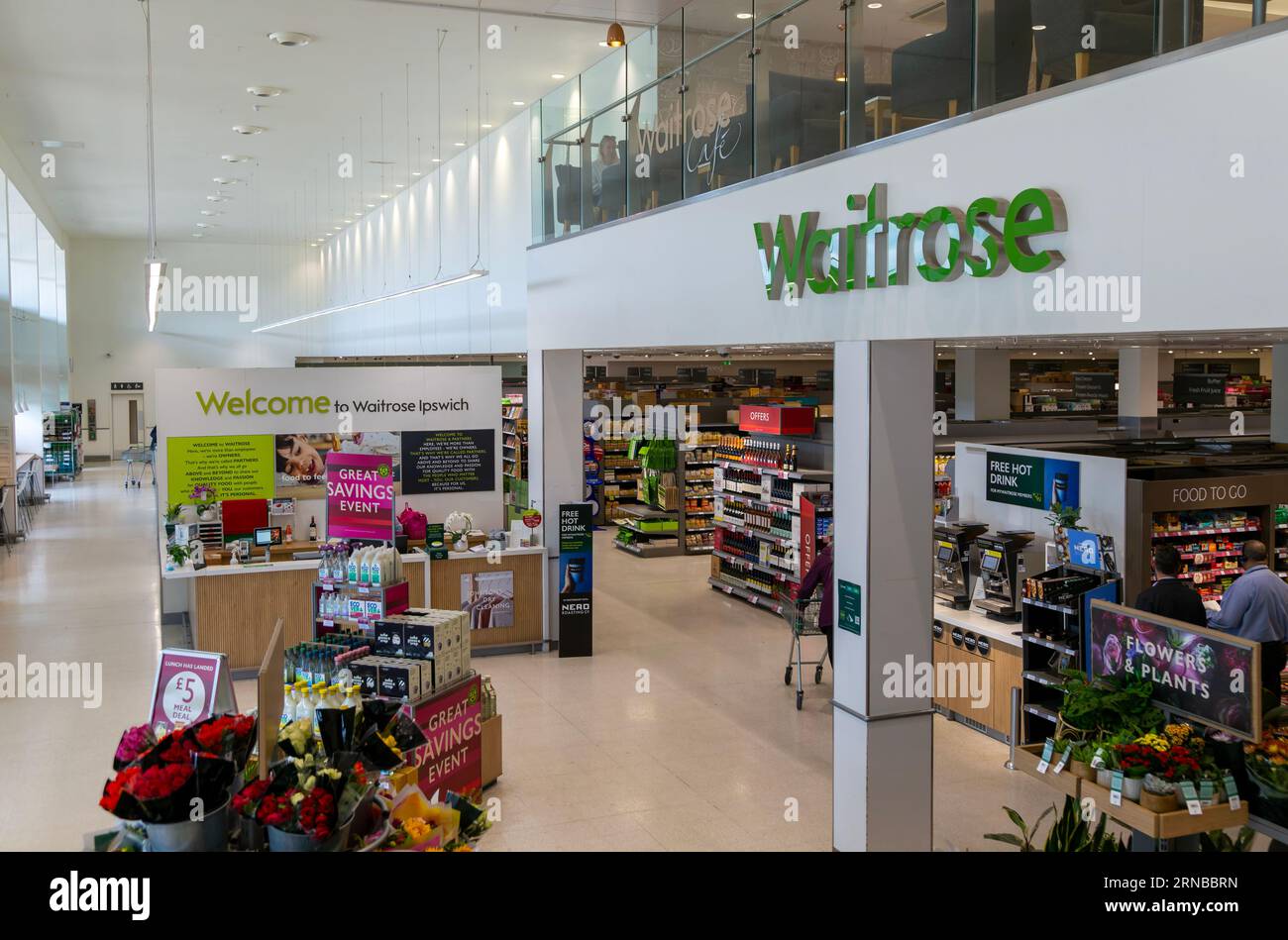 Interior of Waitrose supermarket shop store, Ipswich, Suffolk, England, UK Stock Photo